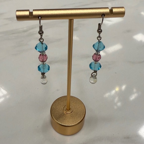 Dangle Drop Earrings Blue Pink‎ Crystal Beads Silver Tone Hook Women Jewelry - Picture 2 of 3